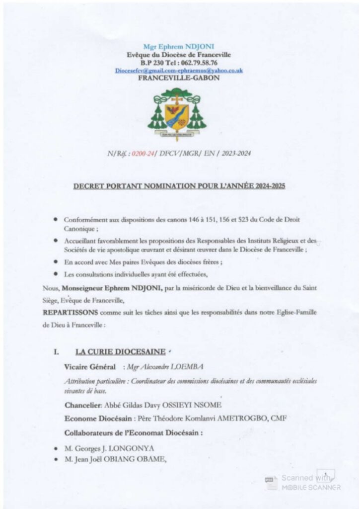 Diocèse de Franceville/Décret portant nomination pour l’année 2024-2025