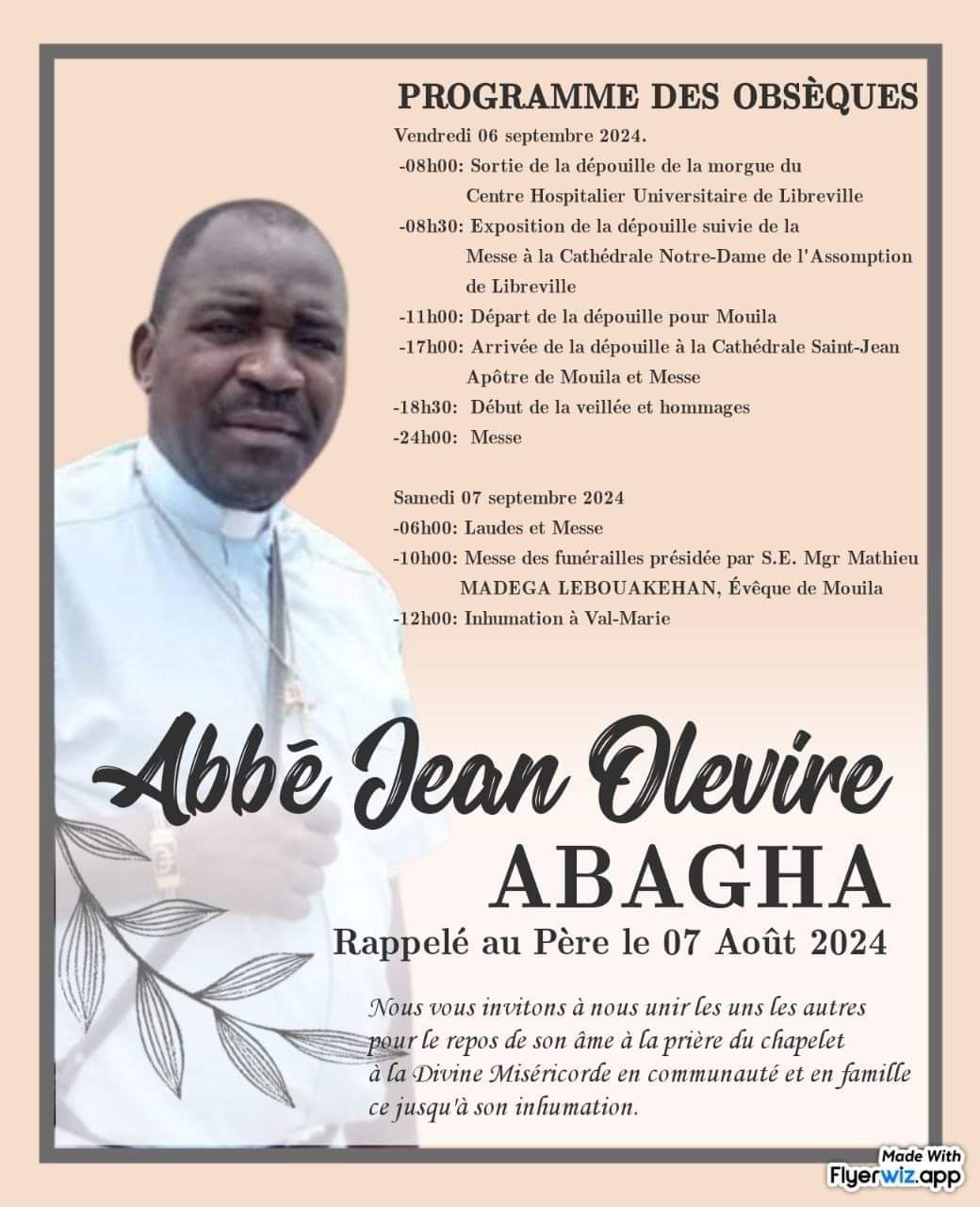 Programme De Obseque Programme des obsèques de l'abbé Jean OLIVIRE ABAGHAE